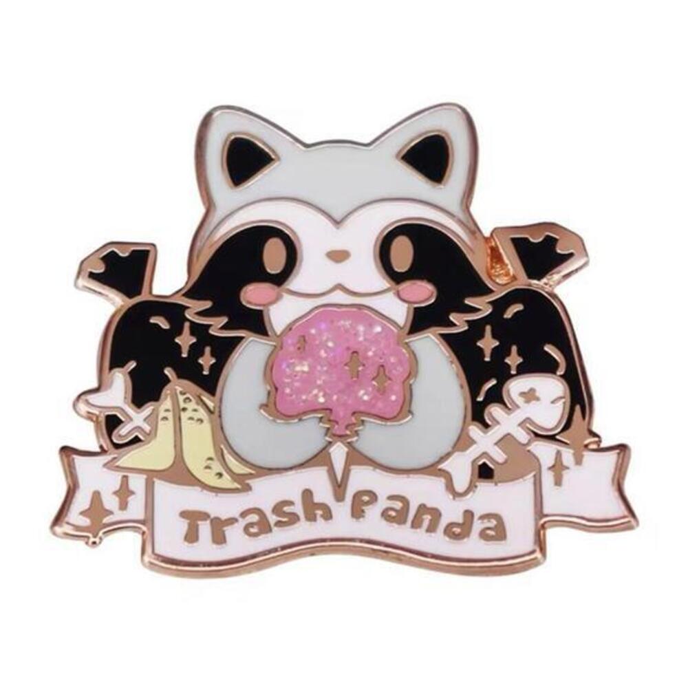 Enamel Pin - Trash Panda Raccoon, Glitter Detail, Cute Tanuki Pins